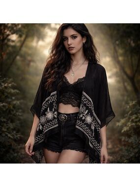Whimsigoth Sheer B&W Embroidered Lagenlook Kimono Boho Layer festival goth Y2K